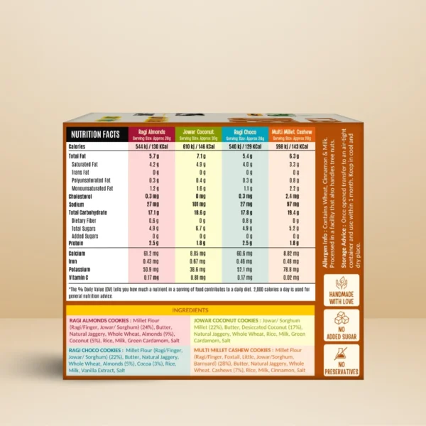 SV Assorted Millet Jaggery Cookies 180g Back BG SV Assorted Millet Jaggery Cookies 180g Back BG